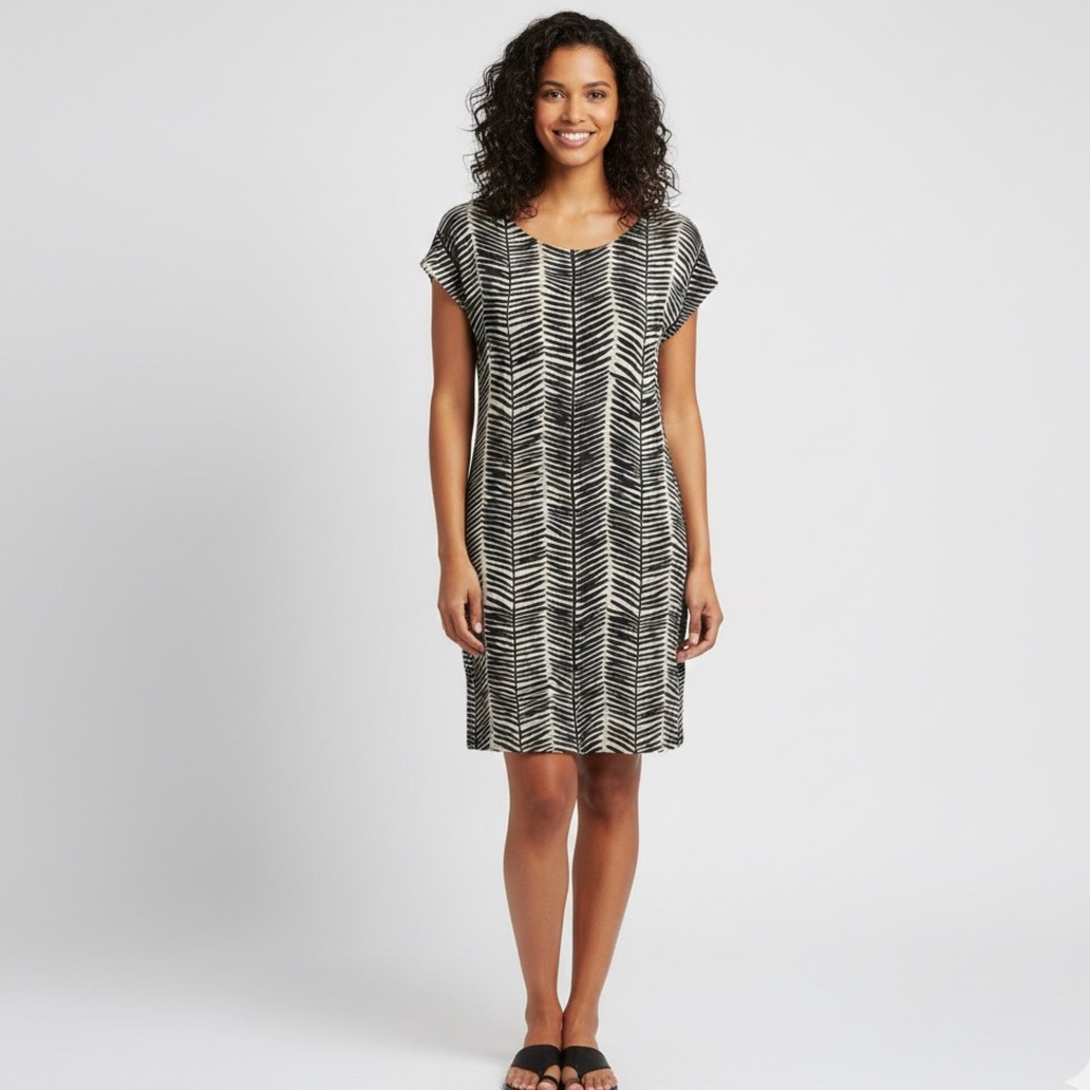 MARIMEKKO ramie linen blend short sleeved tan printed dress size S